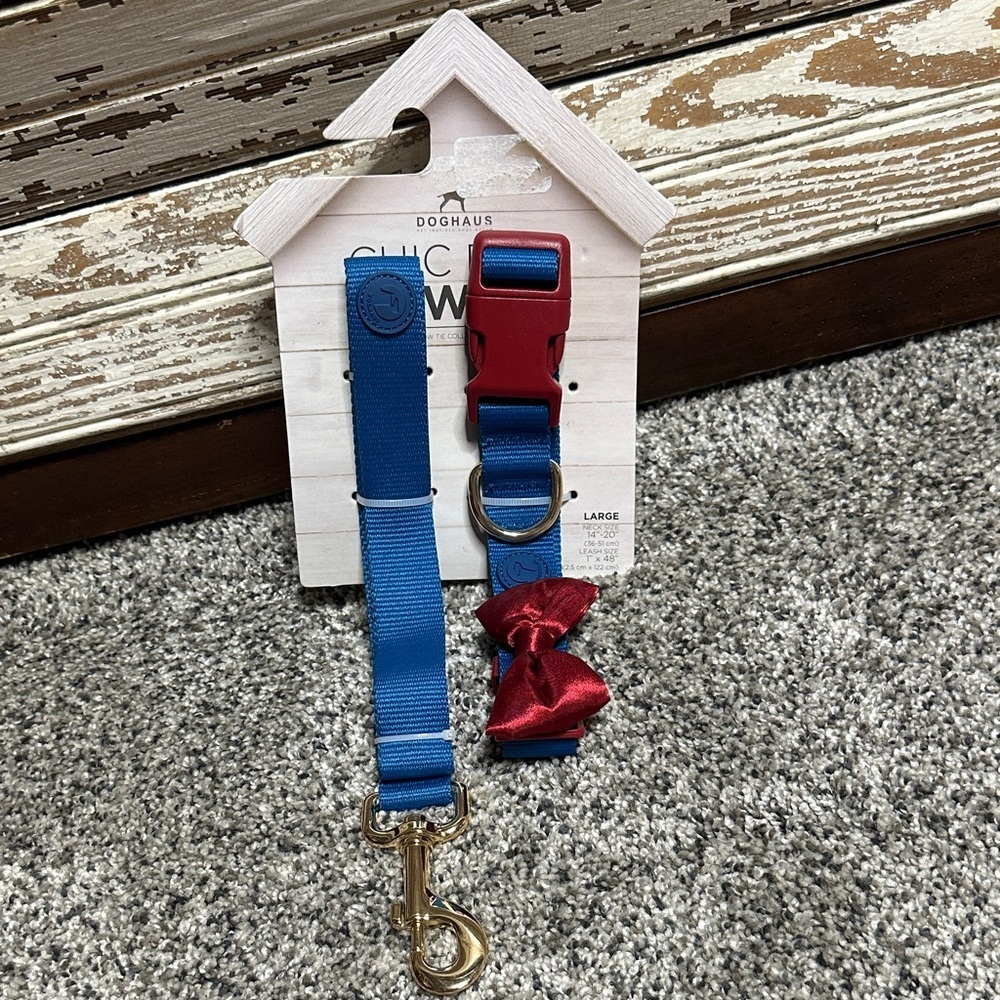 Kids Blue Nylon Leash and Collar Set with Red Bow